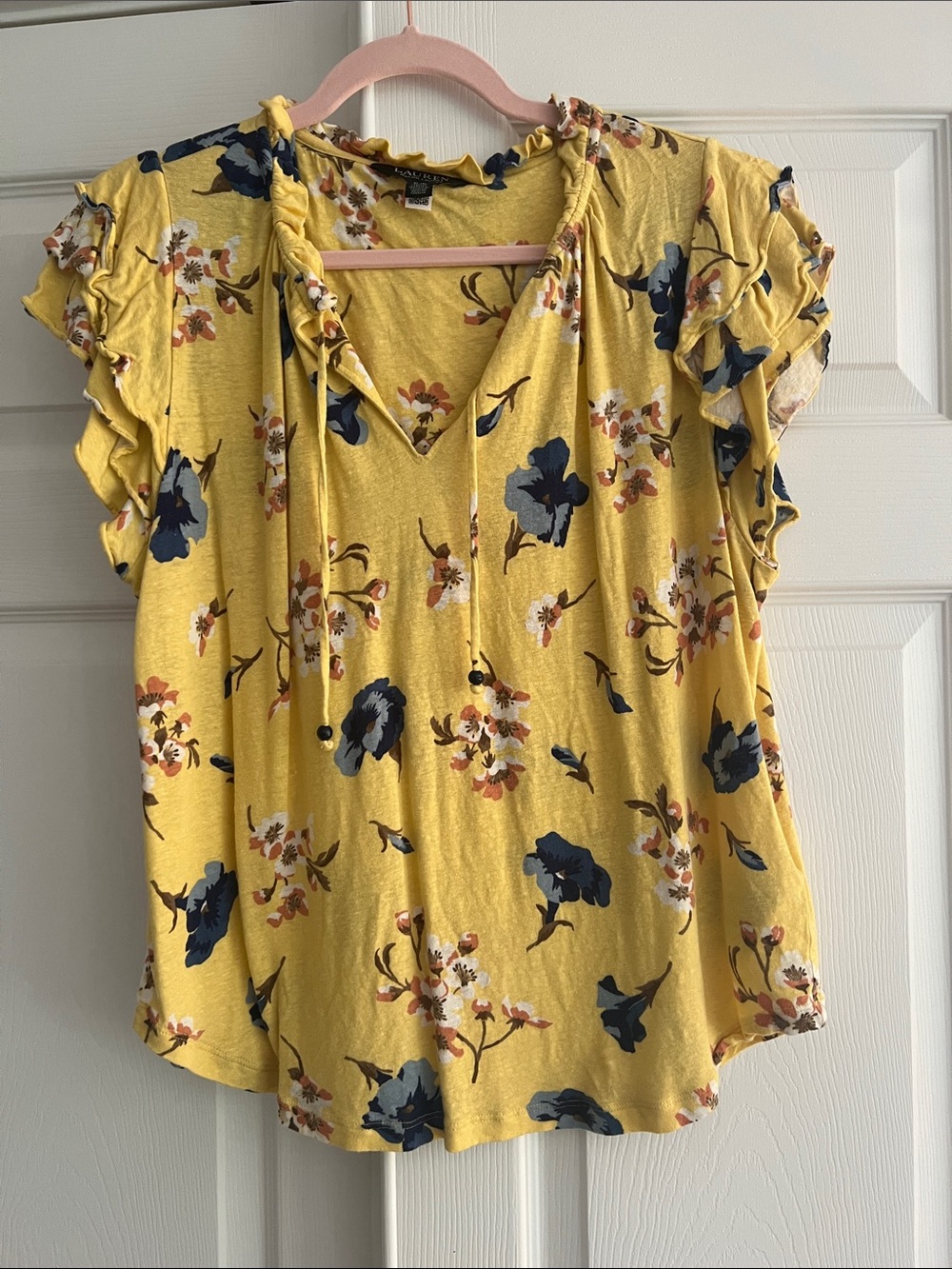 Lauren Ralph Lauren Yellow Floral Ruffled Tie-Front V-Neck Top